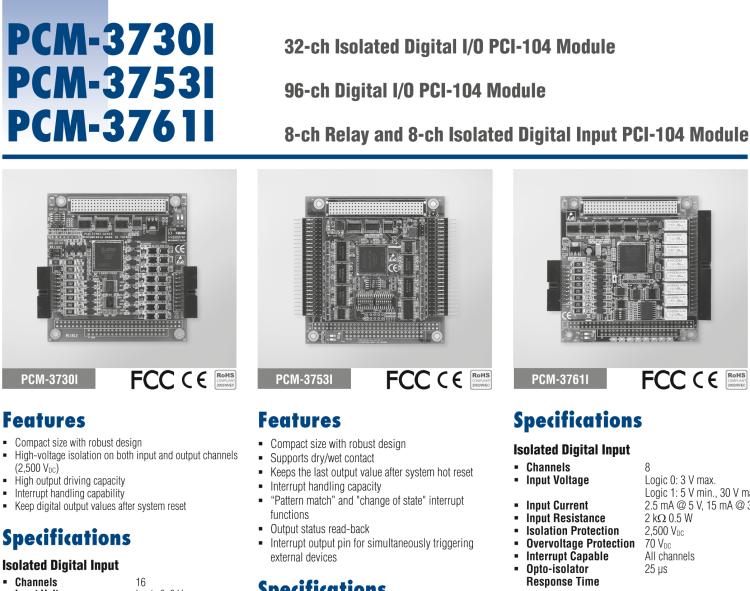 研華PCM-3730I PCI-104，2通,32通道隔離數(shù)字輸入/輸出卡