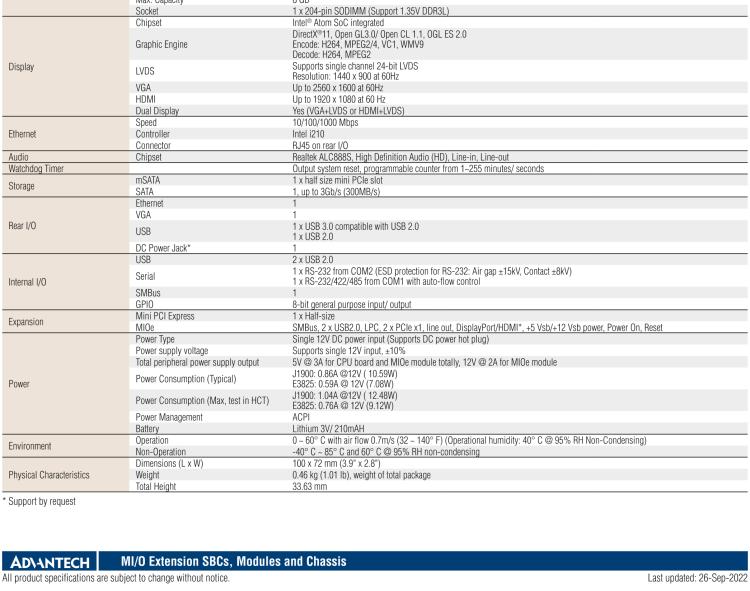 研華MIO-2263 2.5寸Pico-ITX主板，搭載Intel? Atom? SoC E3825/ J1900處理器的2.5寸Pico-ITX單板電腦，采用DDR3L內(nèi)存，支持24-bit LVDS + VGA/HDMI獨(dú)立雙顯，帶有豐富I/O接口：1個(gè)GbE、半長Mini PCIe、4個(gè)USB、2個(gè)COM、SMBus、mSATA & MIOe