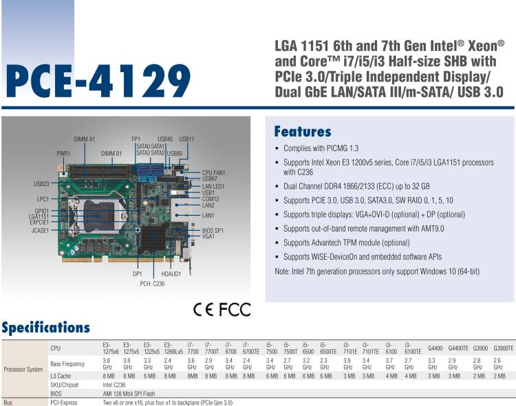 研華PCE-4129 LGA 1151 6th Gen Intel? Xeon? and Core? i7/i5/i3 Half-size SHB with PCIe 3.0/Triple independent display/Dual GbE LAN/SATA III/m-SATA/ USB 3.0