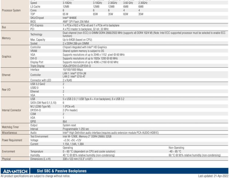 研華PCE-7132 LGA1200 10th Generation Intel? Xeon? W/Core? i9/i7/i5/i3/Pentium? System Host Board with DDR4, SATA 3.0, USB 3.2, M.2, Dual GbE, and Triple Displays