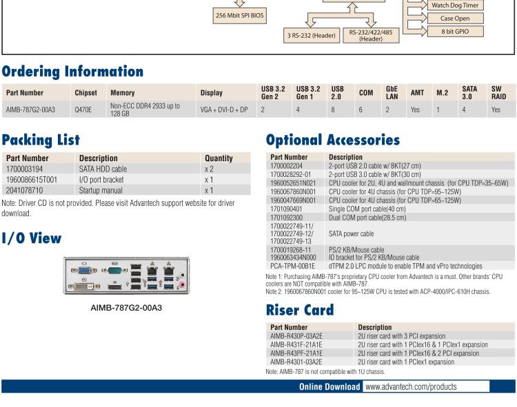 研華AIMB-787 LGA1200 10th Generation Intel? Core? i9/i7/i5/i3 & Pentium?/Celeron? ATX with DP/DVI/VGA, DDR4, USB 3.2, M.2