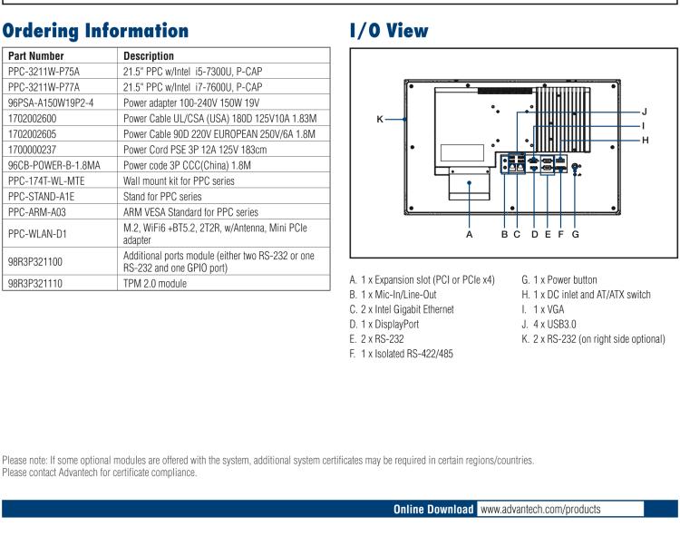 研華PPC-3211W 21.5" 寬屏無(wú)風(fēng)扇工業(yè)平板電腦, 搭載 Intel? Core? i5-7300U 處理器