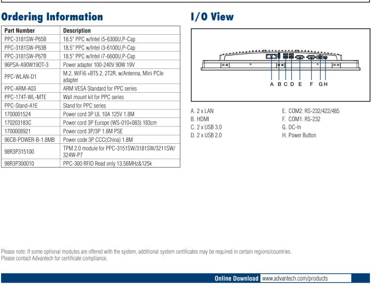 研華PPC-3181SW 18.5" 無風(fēng)扇工業(yè)平板電腦, 搭載 Intel? Core? 第六代處理器