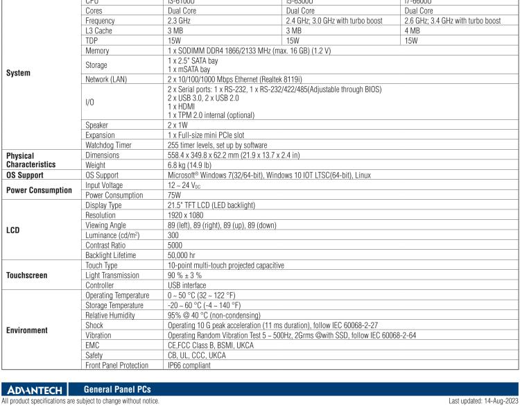 研華PPC-3211SW 21.5"無風扇工業(yè)平板電腦, 搭載Intel? 第六代 Core? i 處理器