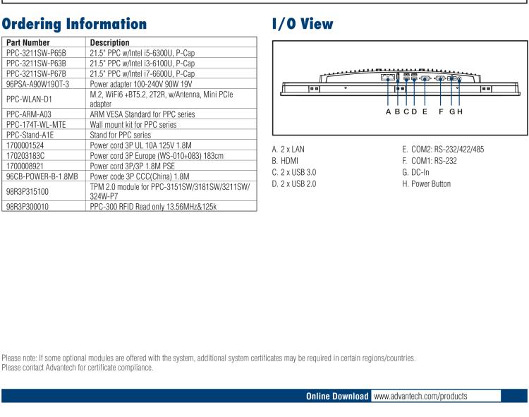 研華PPC-3211SW 21.5"無風扇工業(yè)平板電腦, 搭載Intel? 第六代 Core? i 處理器