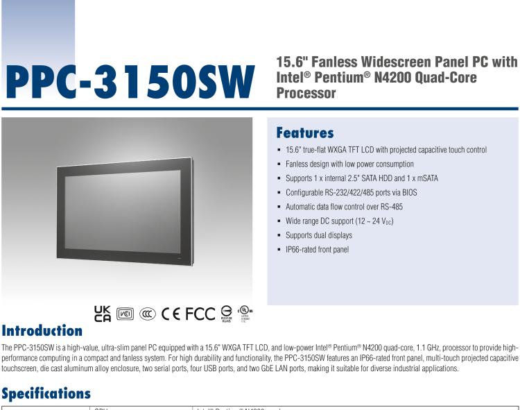 研華PPC-3150SW 15.6" 寬屏無(wú)風(fēng)扇工業(yè)平板電腦，搭載 Intel? Pentium? N4200 四核心處理器