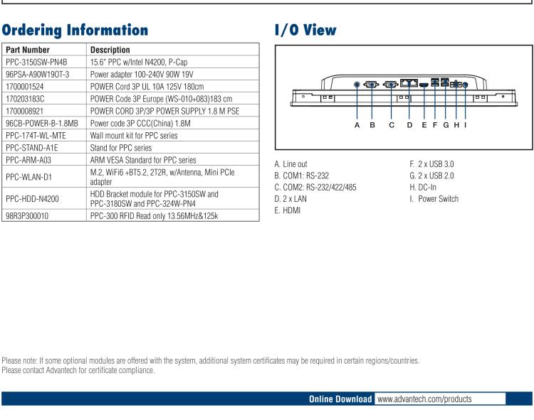 研華PPC-3150SW 15.6" 寬屏無(wú)風(fēng)扇工業(yè)平板電腦，搭載 Intel? Pentium? N4200 四核心處理器