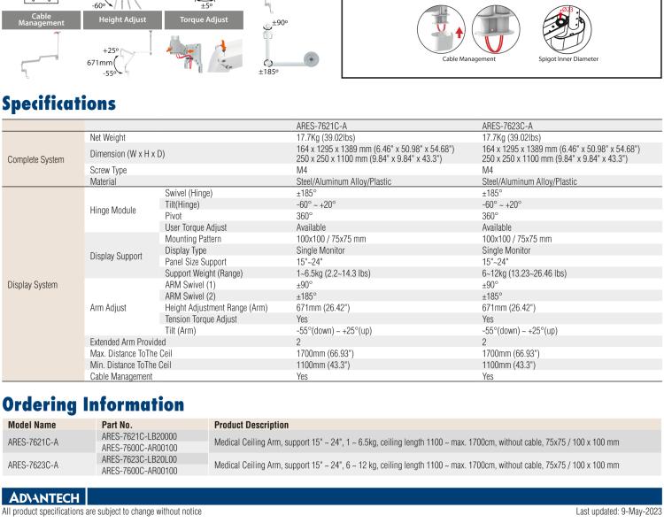 研華ARES-7621C Bundled with ARES-7600C, ARES-7621C provides a medical-grade ceiling long reach arm that can be used with bedside PIT (with a load of 1~6.5 kg).