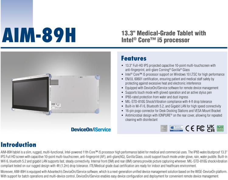 研華AIM-89H 13.3" Medical-Grade Tablet with Intel? Core? i5 processor