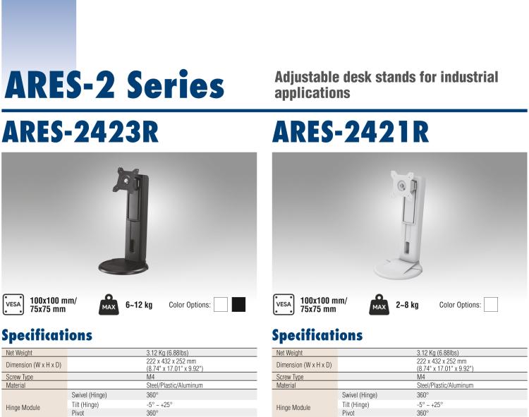 研華ARES-2425X ARES-2425X is a desk stand compatible with 75x75 mm / 100x100 mm VESA patterns. It can tilt -2° (down) ~ +180° (up) and screens up to 27"