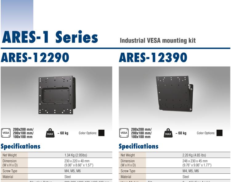 研華ARES-12240 ARES-12240 is a tiltable and swivelable wall mount with 75x75 mm/ 100x100 mm VESA standard holes. It supports a weight of 2~10kg and screens up to 32"