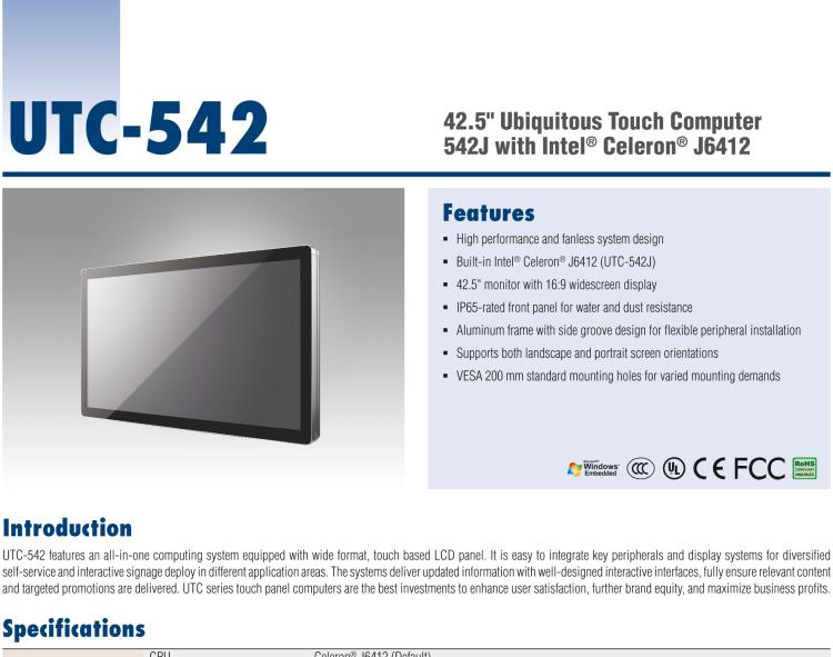 研華UTC-542J 42.5" Ubiquitous Touch Computer with Intel? Celeron? J6412 Processor