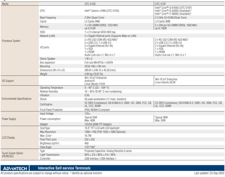 研華UTC-515F 15.6" 多功能觸控一體機(jī)，內(nèi)置Intel? Skylake Core? i3-6100U處理器