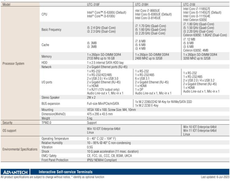 研華UTC-318H 18.5" 多功能觸控一體機，內(nèi)置 Intel? Core? i5-8365UE / Core? i3-8145UE