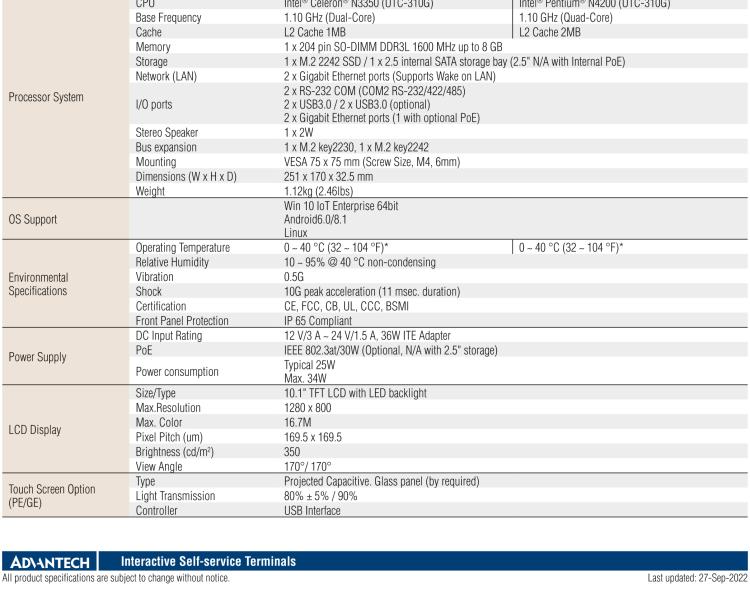 研華UTC-310G 10.1" 多功能觸控一體機(jī)，Intel? Celeron? N3350/Pentium? N4200 處理器