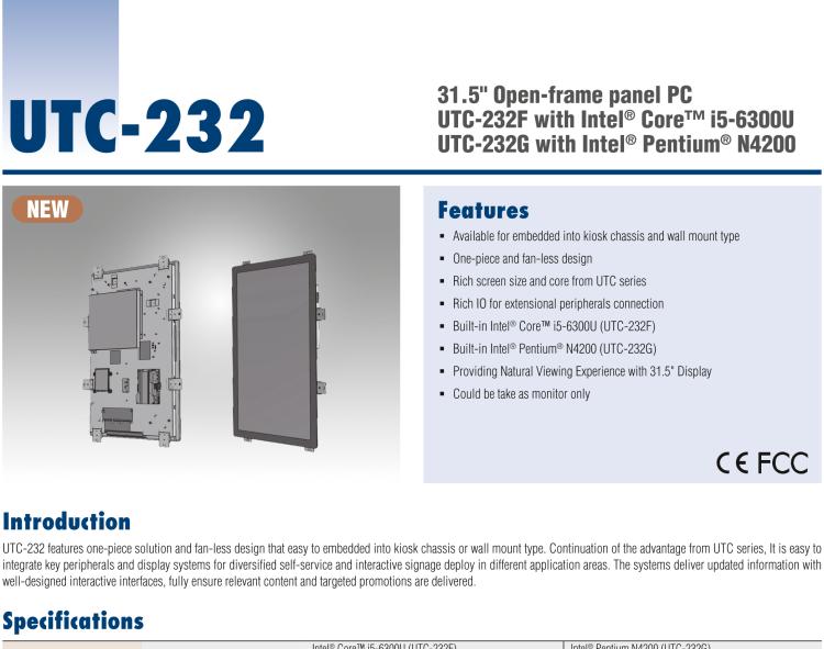 研華UTC-232G 31.5" Open-frame panel PC with Intel? Pentium? N4200