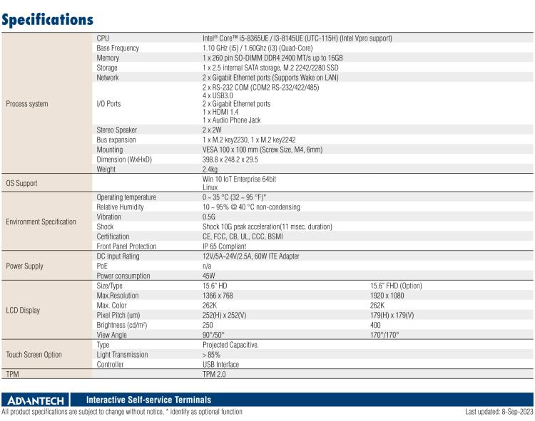 研華UTC-115H 15.6" 多功能觸控一體機(jī)，搭載 Intel? Core? i5-8365UE