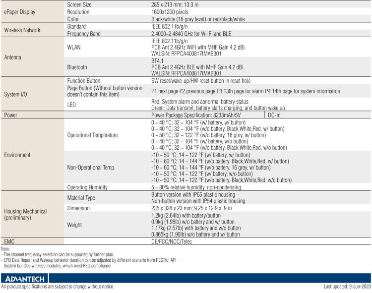 研華EPD-660 13.3"電子紙解決方案，Wi-Fi，用于醫(yī)院床邊卡和智能建筑標(biāo)牌。