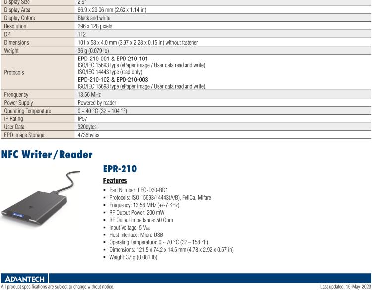 研華EPD-210 2.9" 電子紙解決方案，NFC、無(wú)電池，用于倉(cāng)庫(kù)、物流箱和名片。