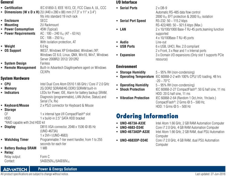 研華UNO-4673A Intel? Atom ? D510 變電站專用機，帶6×LAN, 2×COM, 3×擴展槽