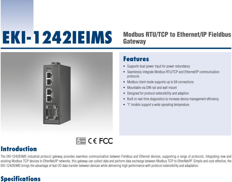 研華EKI-1242IEIMS Modbus RTU/TCP to EtherNet/IP Protocol Gateway, Wide Temperature