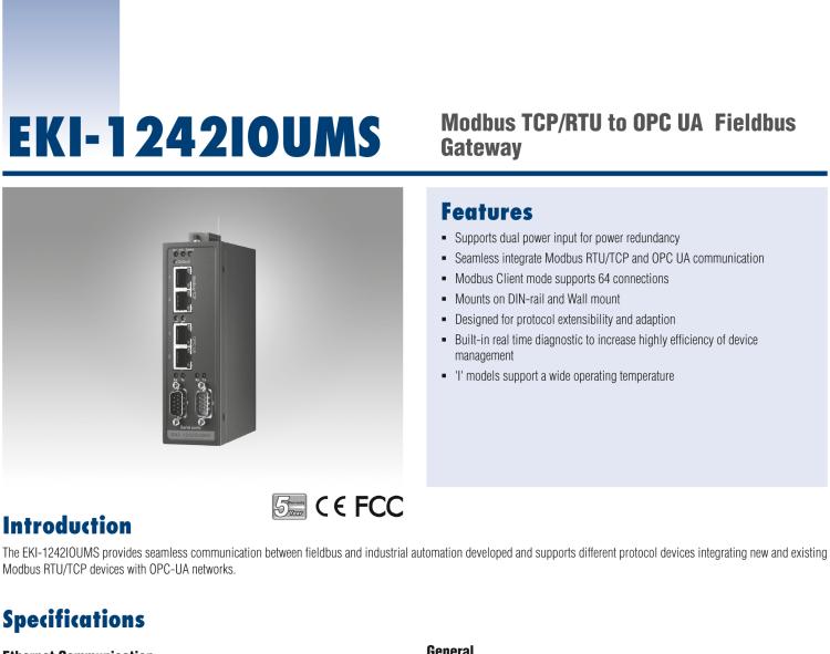 研華EKI-1242IOUMS Modbus TCP/RTU to OPC UA Fieldbus Gateway, Wide Temperature