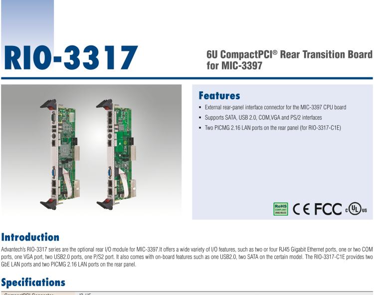 研華RIO-3317 6U CompactPCI? Rear Transition Board for MIC-3397