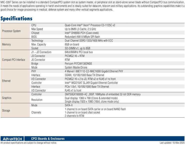 研華MIC-3397 基于四核Intel?Xeon?處理器E3和雙核Intel?Pentium?處理器6U CompactPCI刀片計算機