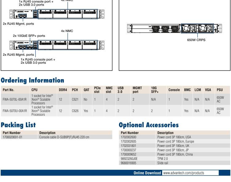 研華FWA-5070 基于Intel?Xeon?處理器可擴(kuò)展系列1U機(jī)架式網(wǎng)絡(luò)應(yīng)用平臺(tái)，最高支持4個(gè)NMC插槽