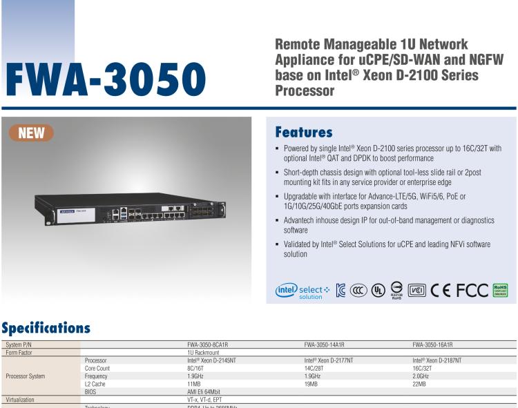 研華FWA-3050 基于Intel?Xeon D-2100系列處理器，用于uCPE和下一代防火墻的遠(yuǎn)程可管理1U網(wǎng)絡(luò)應(yīng)用平臺(tái)