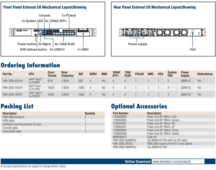 研華FWA-3050 基于Intel?Xeon D-2100系列處理器，用于uCPE和下一代防火墻的遠(yuǎn)程可管理1U網(wǎng)絡(luò)應(yīng)用平臺(tái)