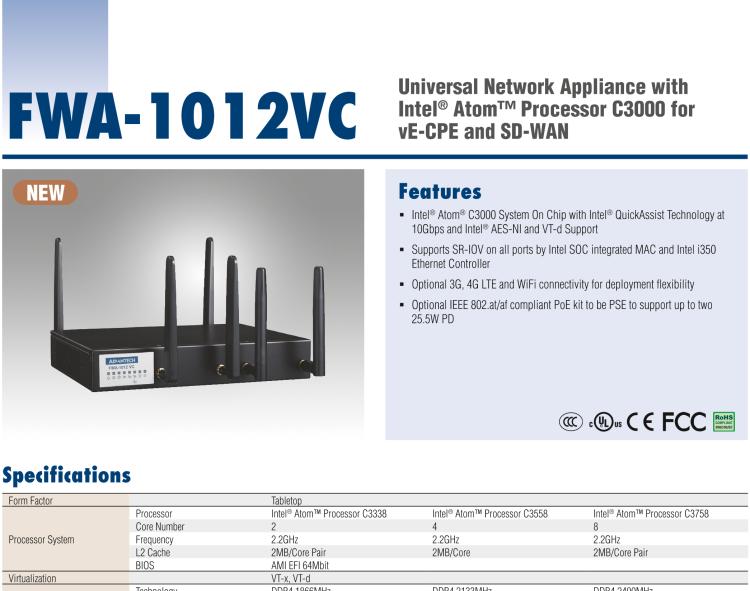 研華FWA-1012VC 基于Intel? Atom? C3000系列 專為VE-CPE和SD-WAN場景設(shè)計