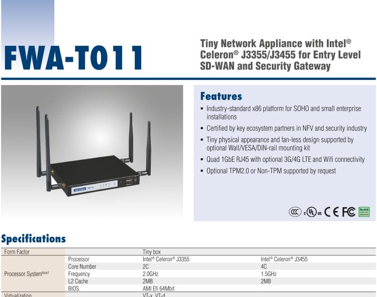 研華FWA-T011 基于Intel? Celeron? N3350/J3455 入門級(jí)SD-WAN，安全網(wǎng)關(guān)微型網(wǎng)絡(luò)應(yīng)用平臺(tái)