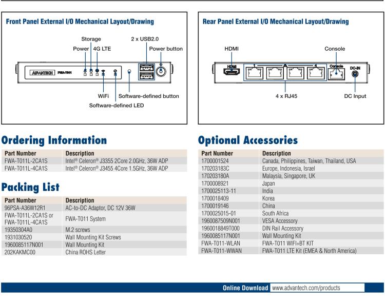 研華FWA-T011 基于Intel? Celeron? N3350/J3455 入門級(jí)SD-WAN，安全網(wǎng)關(guān)微型網(wǎng)絡(luò)應(yīng)用平臺(tái)