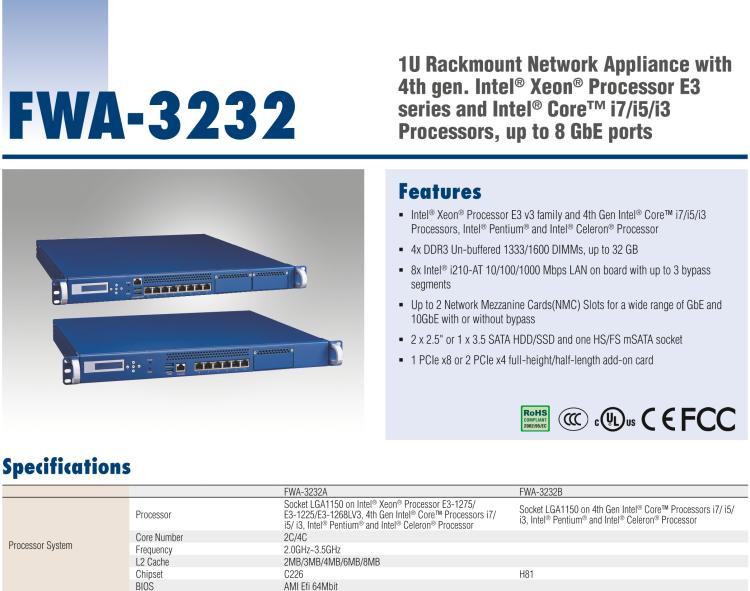 研華FWA-3232 基于Intel? Haswell XeonTM E3/CoreTM/ PentiumTM/CeleronTM系列處理器 1U機(jī)架式網(wǎng)絡(luò)應(yīng)用平臺(tái)