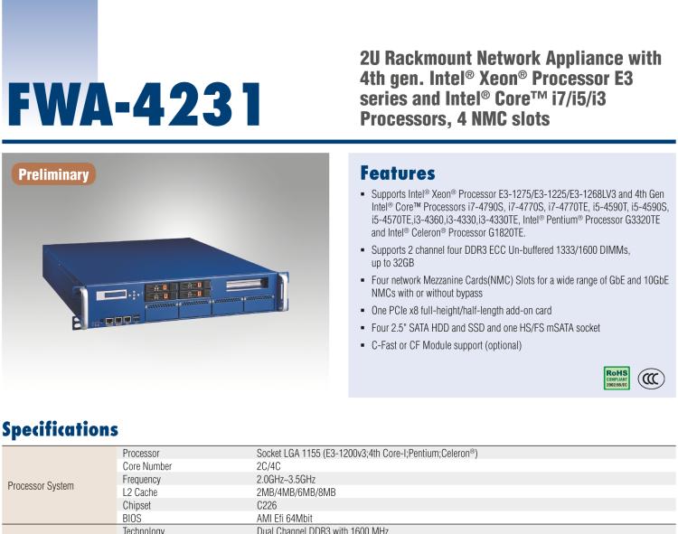 研華FWA-4231 基于Intel? Haswell XeonTM E3/CoreTM/ PentiumTM /Celeron 系列處理器 2U機(jī)架式網(wǎng)絡(luò)應(yīng)用平臺