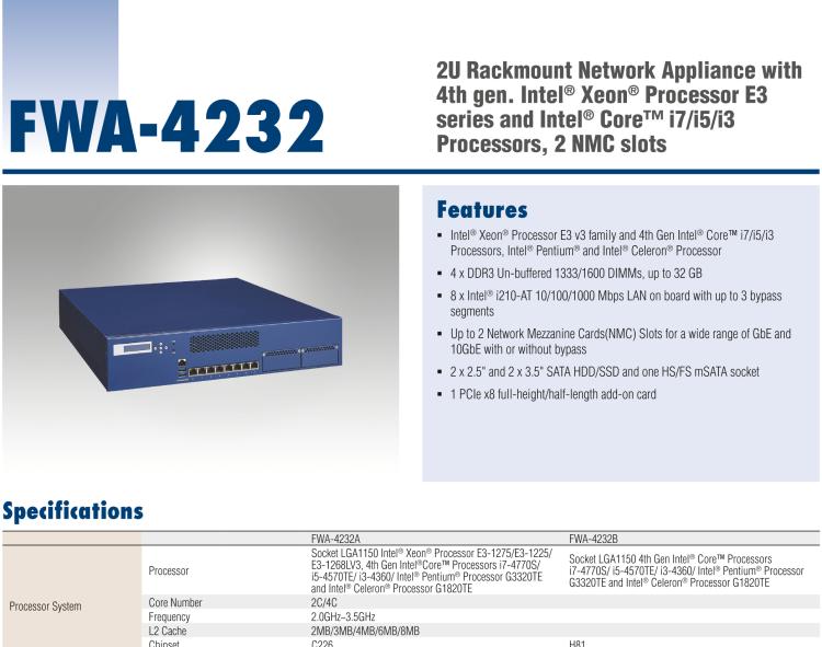 研華FWA-4232 基于Intel? Haswell XeonTM E3/CoreTM/ PentiumTM/CeleronTM系列處理器 2U機(jī)架式網(wǎng)絡(luò)應(yīng)用平臺(tái)