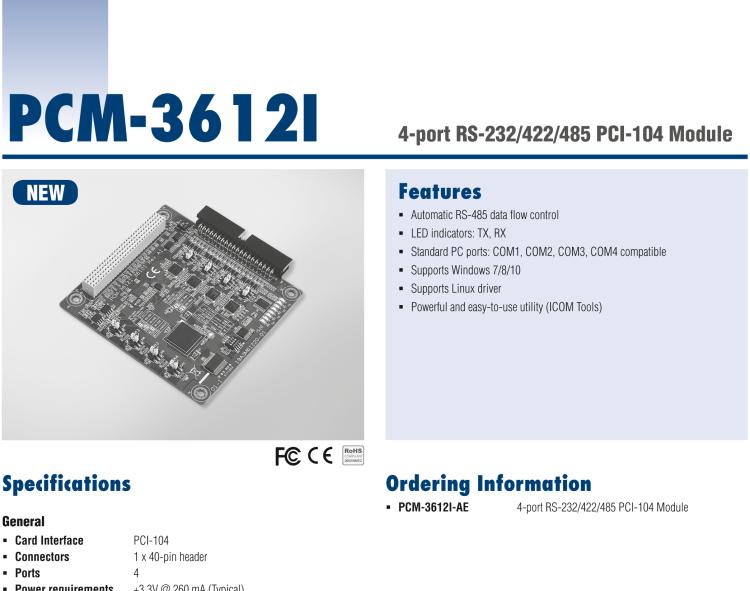 研華PCM-3612I 4-port RS-232/422/485 PCI-104 Module