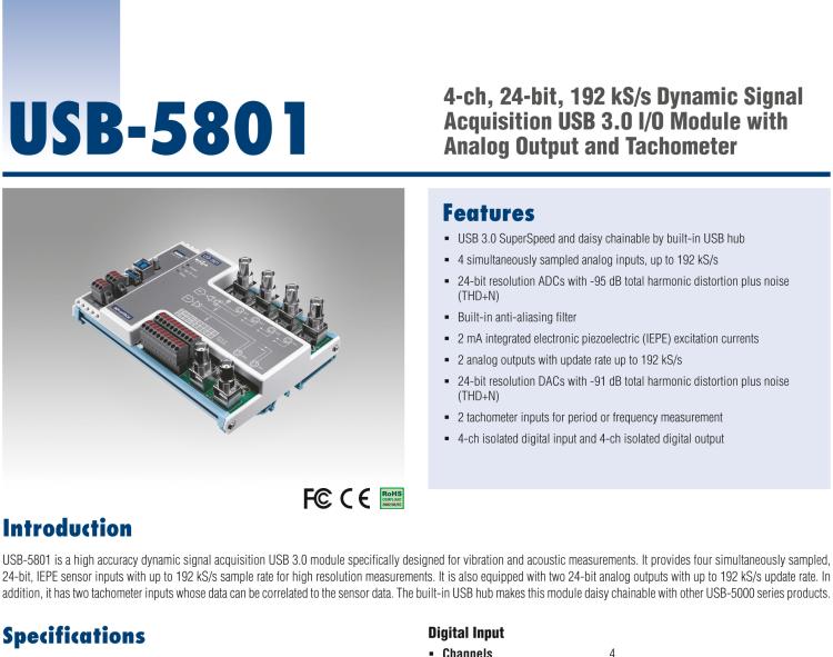 研華USB-5801 4路，24位，192 kS / s的動態(tài)信號采集USB 3.0 I / O模塊使用模擬輸出和轉(zhuǎn)速計