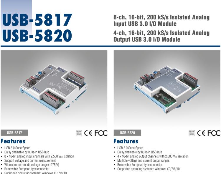 研華USB-5817 8通道，16位，200 kS / s隔離模擬輸入U(xiǎn)SB 3.0 I / O模塊