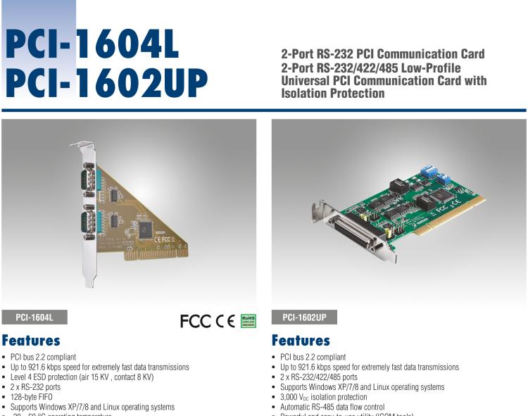 研華PCI-1602UP 2端口RS-232/485 低配PCI 含隔離和EFT浪涌保護通訊卡