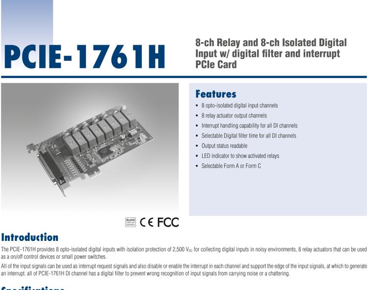 研華PCIE-1761H 8通道繼電器和8通道隔離式數(shù)字輸入，帶數(shù)字濾波器和中斷PCIe卡