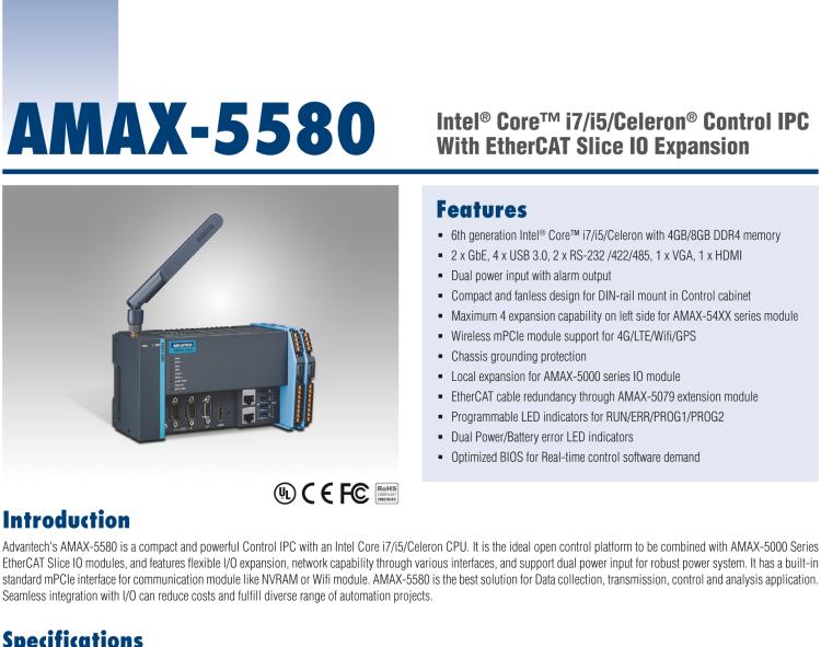 研華AMAX-5580 Intel? Core? i7/i5/Celeron? 邊緣控制器 支持EtherCAT 插片I/O擴展