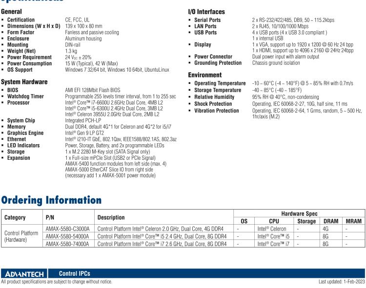 研華AMAX-5580 Intel? Core? i7/i5/Celeron? 邊緣控制器 支持EtherCAT 插片I/O擴展