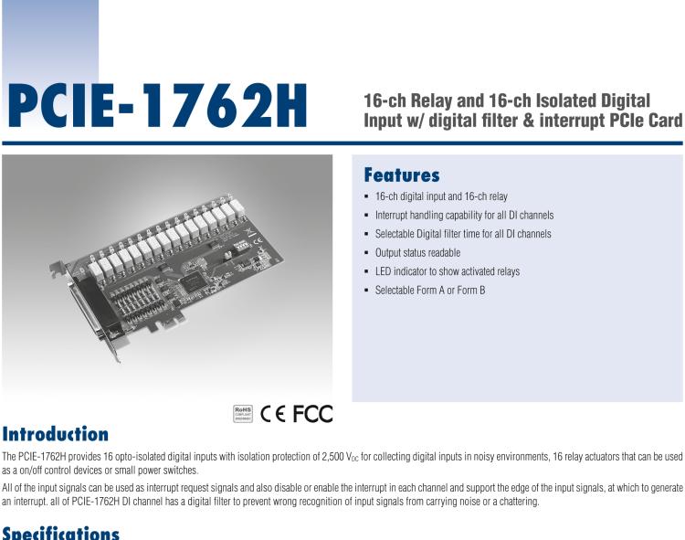 研華PCIE-1762H 16 通道繼電器和 16 通道隔離數(shù)字輸入，帶數(shù)字濾波器和中斷 PCIe 卡