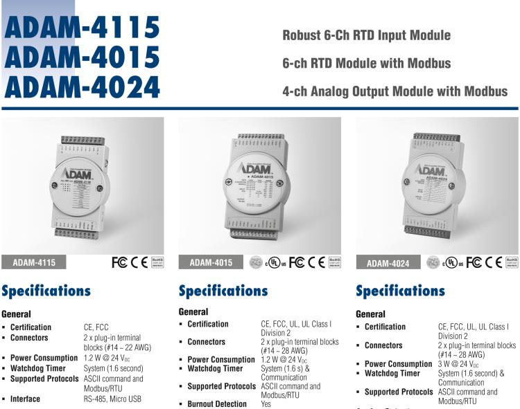 研華ADAM-4115-B ADAM-4115 6 通道 RTD 輸入模塊可接受多種 RTD 傳感器類型，包括 Pt100、Pt1000、Ni50、Ni508 和 Balco 500 系列