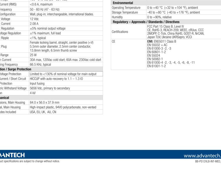 研華BB-PS12VLB-INT-MED Power Supply, AC to 12 VDC Medical-grade, Locking Plug