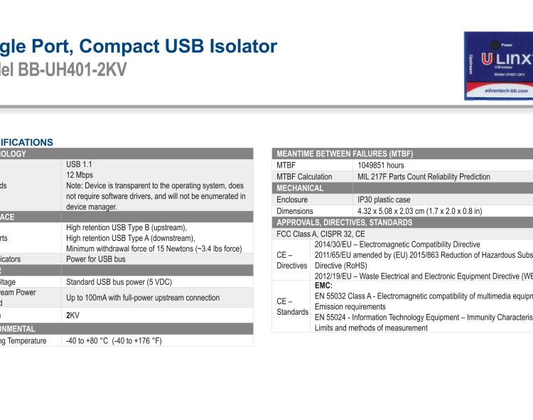 研華BB-UH401-2KV USB 2.0 2 kV隔離器，1端口，12 Mbps全速