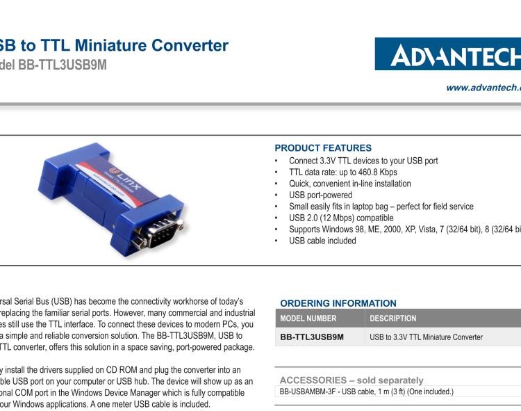 研華BB-TTL3USB9M 串口轉(zhuǎn)換器，USB 2.0至3.3 V TTL DB9 公頭