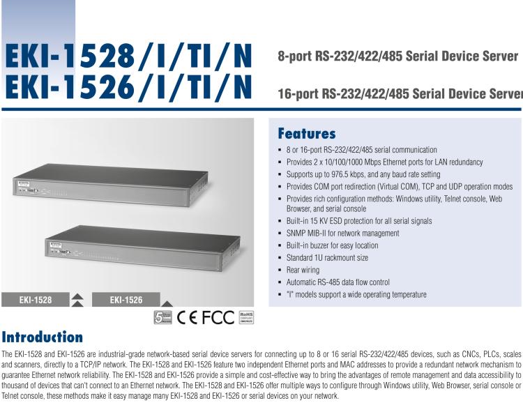 研華EKI-1526N 16-Port Serial Device Server, AC Input, Serial RJ45, Rackmount